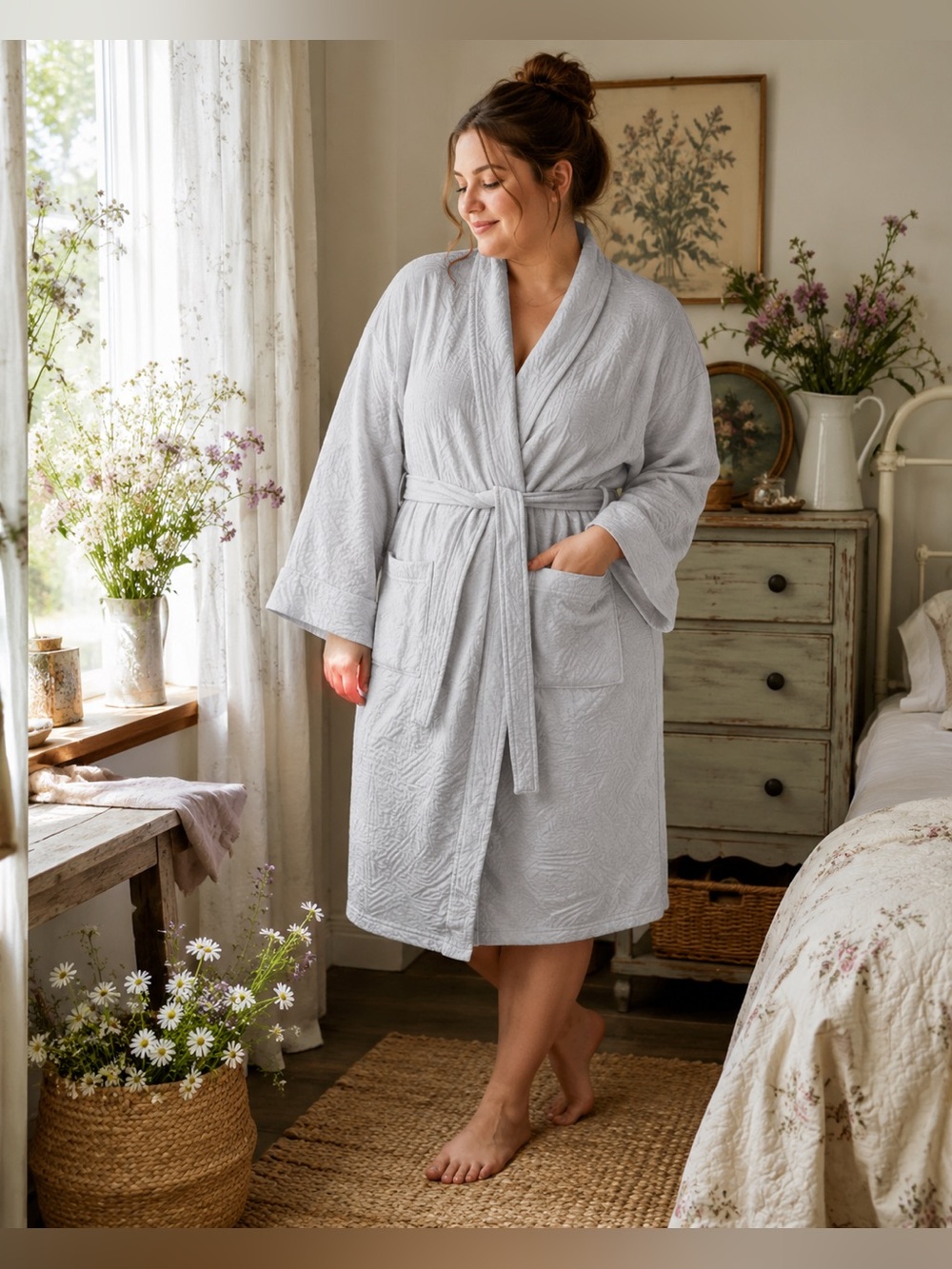 Natori Infinity Quilted Jacquard Robe Gray Diamond Textured Wrap Belted Large